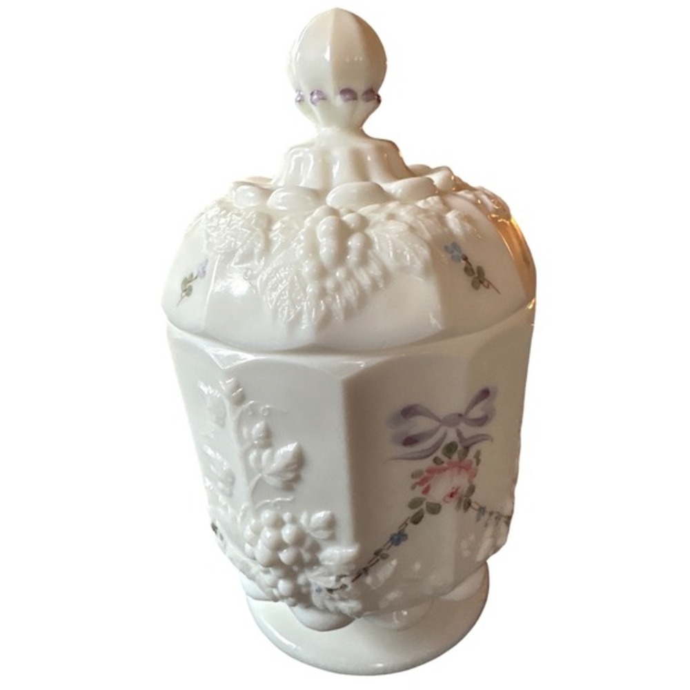 Westmoreland‎ Milk Glass Beaded Grape Hand Painted Rose Bow Lidded Jar Vintage